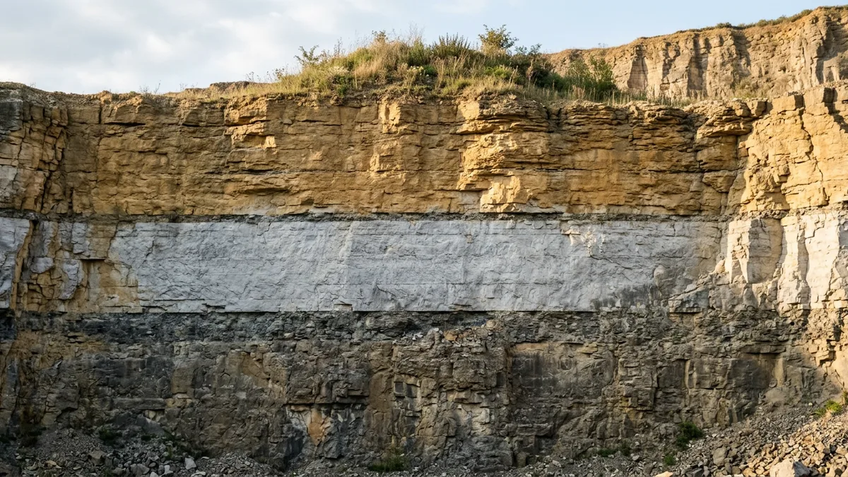 Quarry rock face with three distinct layers, dark at the base, pale grey in the middle, and golden at the top