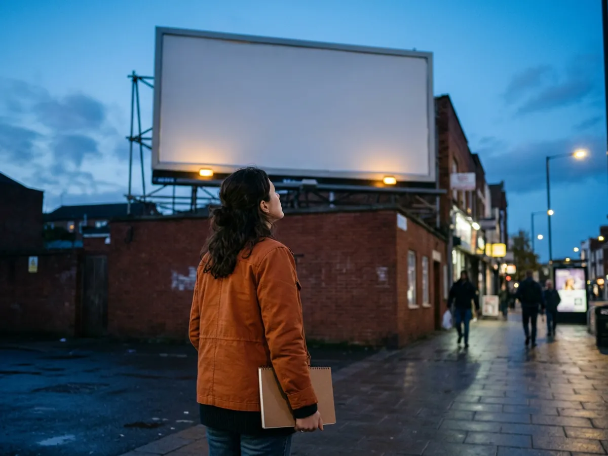 Media buyer on a city sidewalk at dusk looking up at a large blank billboard during a site check
