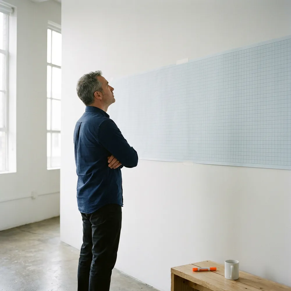 Media planner standing back from a long sheet of blank grid paper taped across an agency wall