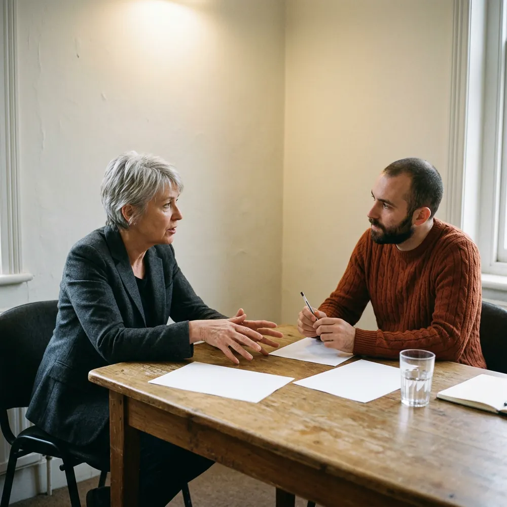Media buyer and a station sales representative negotiating across a table in a meeting room