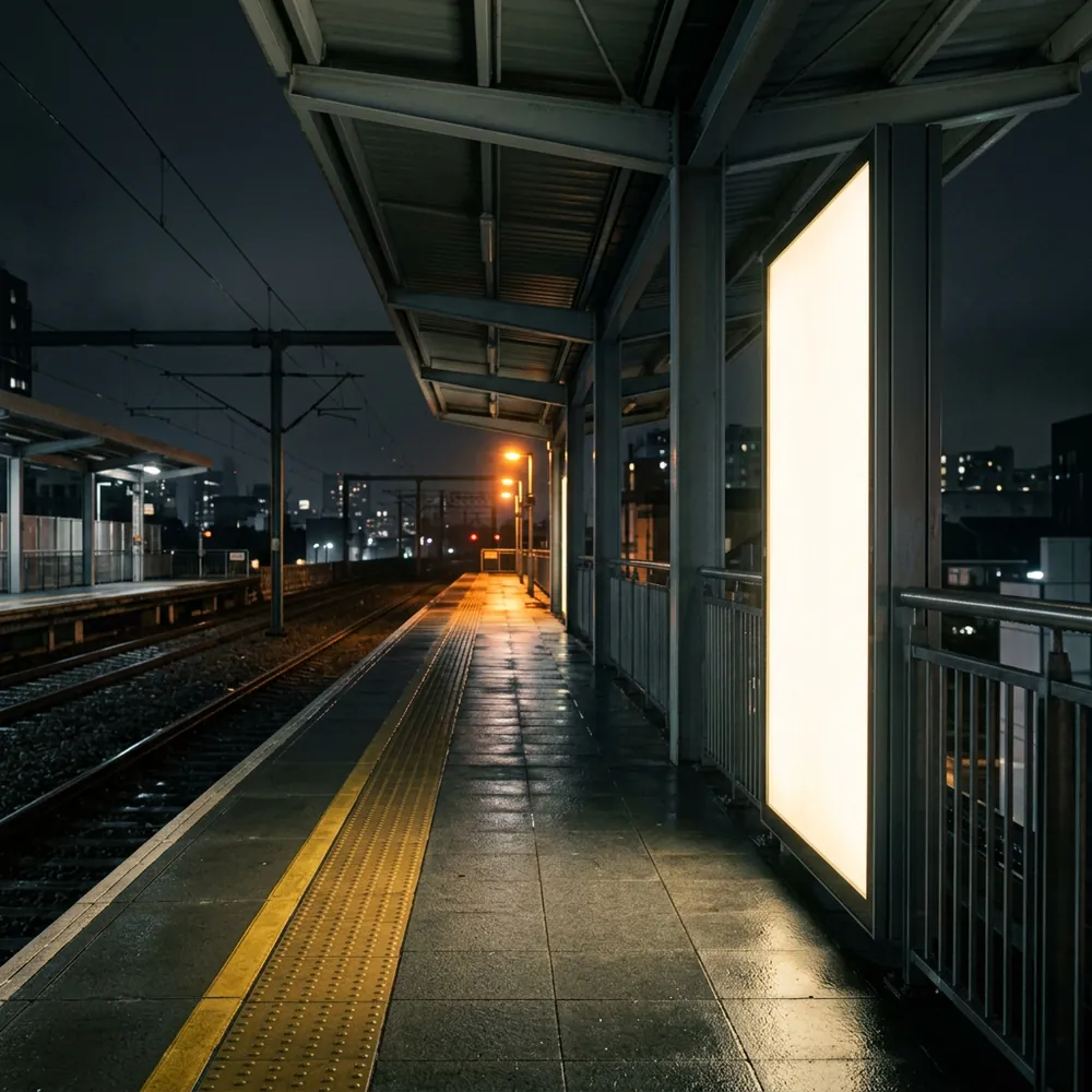 Illuminated blank advertising panel on an empty transit platform at night