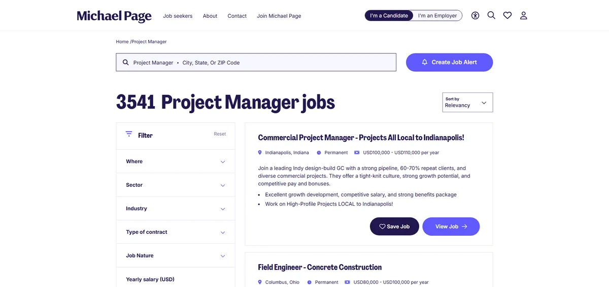 Michael Page project manager jobs page 2026