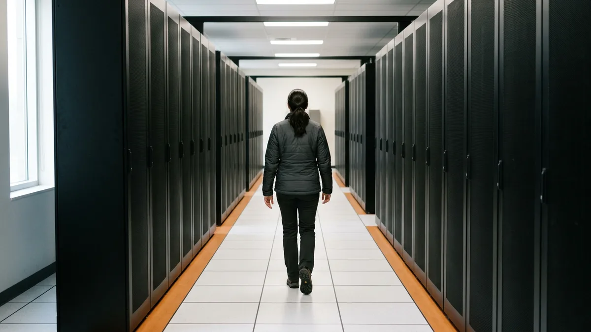 Engineer walking a data center aisle where batch scoring and real-time model serving infrastructure runs