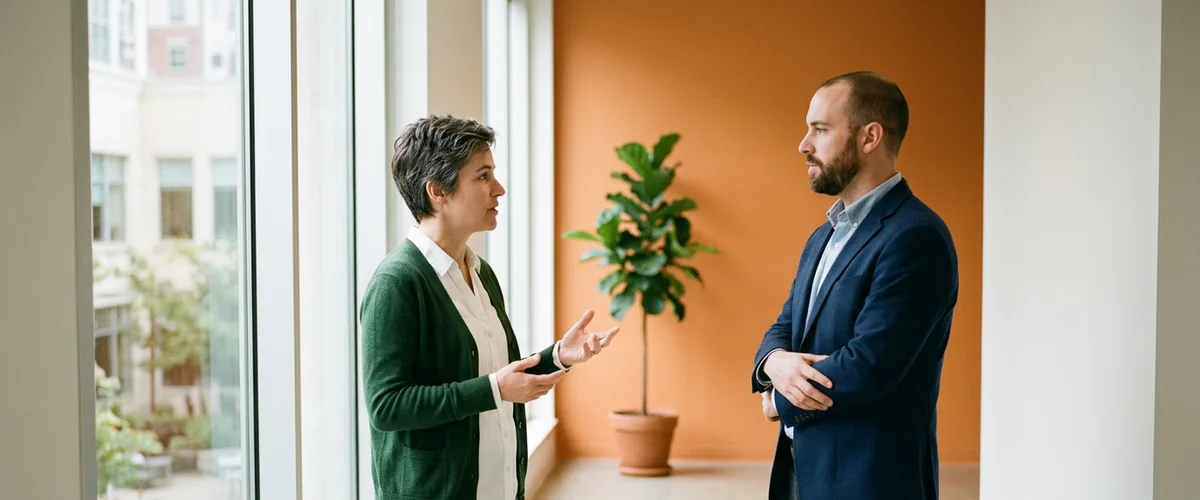 Machine learning platform lead and KORE1 recruiter discussing an MLOps engineer job description beside an office window