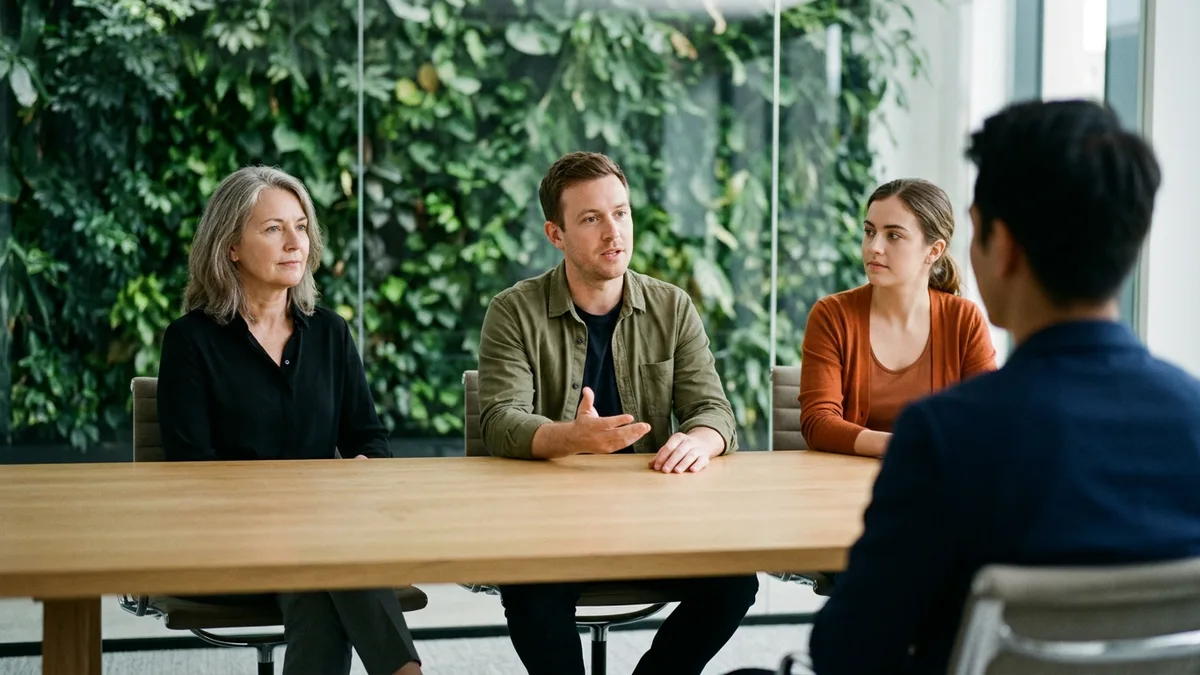 Three-person hiring panel interviewing a mobile developer candidate across a bare oak table