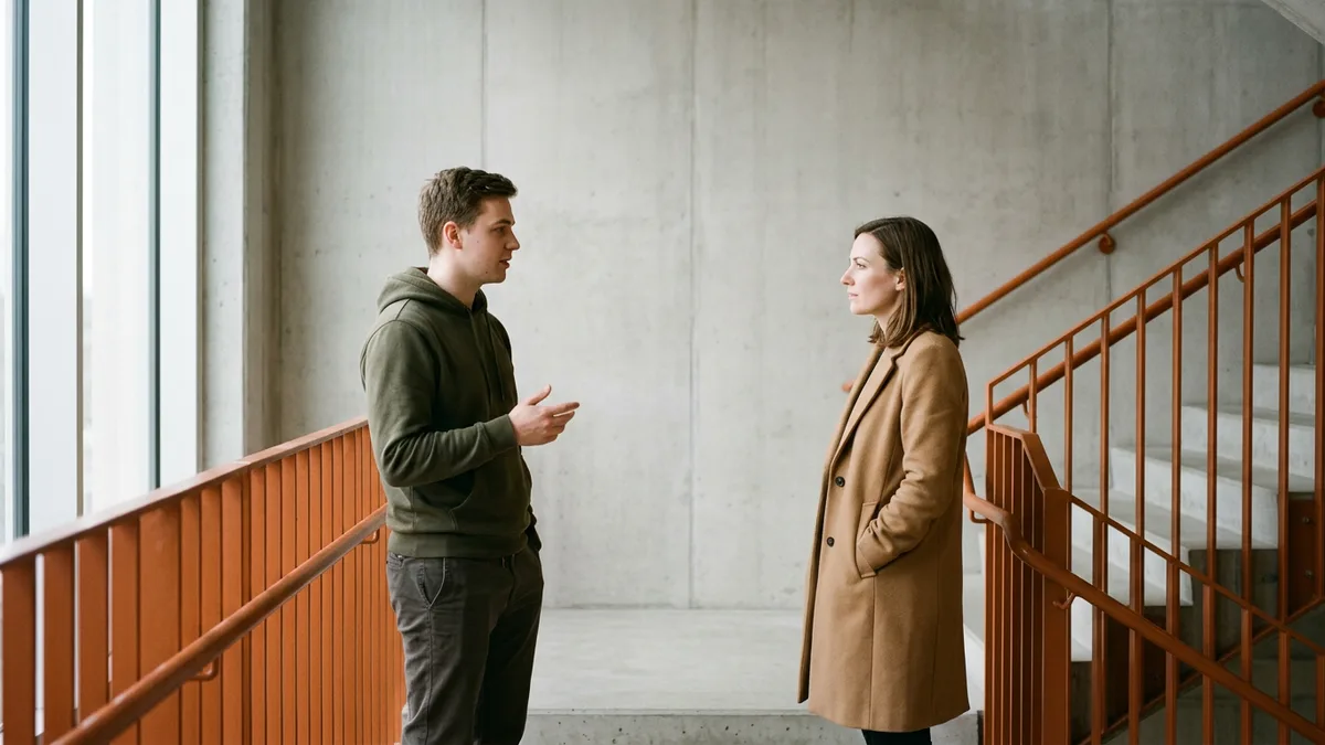Two software engineers discussing mobile release ownership on an office stairwell landing