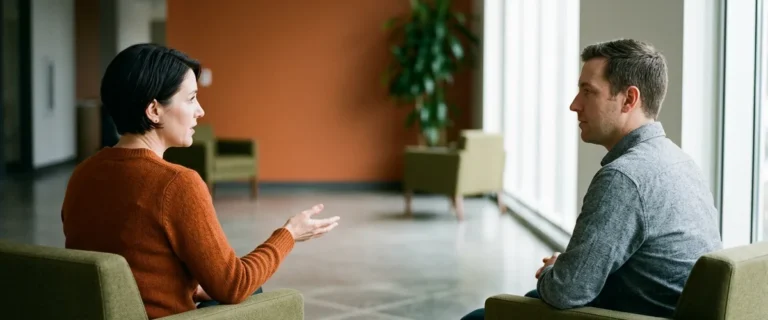 Interviewer and mobile developer candidate talking in armchairs by an office window during a hiring conversation