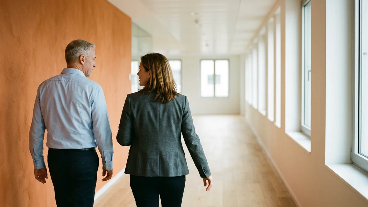 Hiring manager and recruiter walking an office corridor while debriefing a mobile developer interview loop