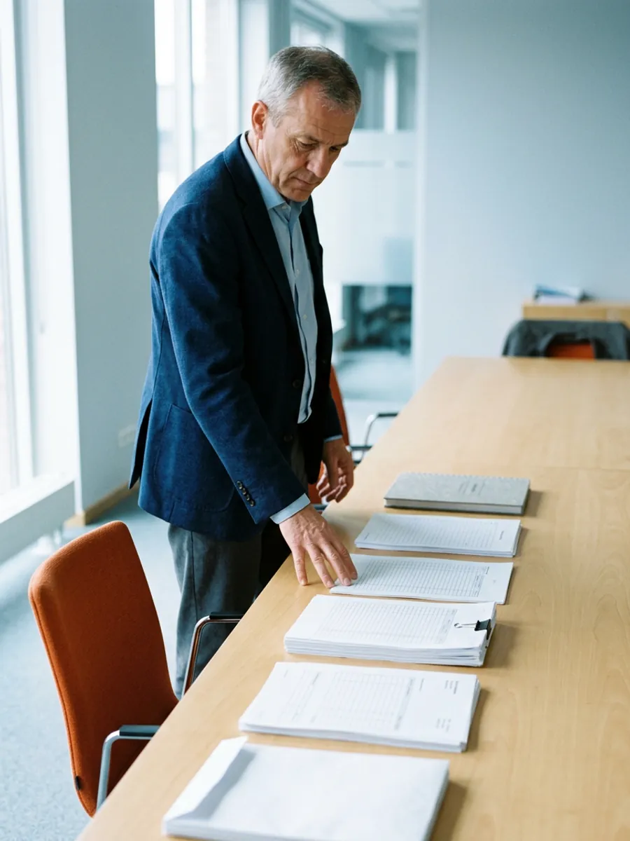 Controller laying out one month of received files, statements, reports, workbooks and the close pack in a row on a conference table