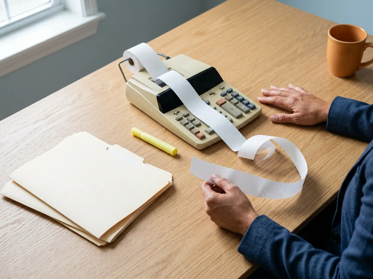 Finance manager tearing off blank adding machine tape from a desk printing calculator during a month-end close assessment