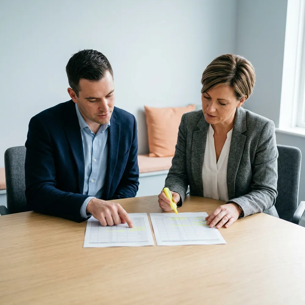 Two finance colleagues comparing a replayed close schedule with the original month-end pack using a yellow highlighter