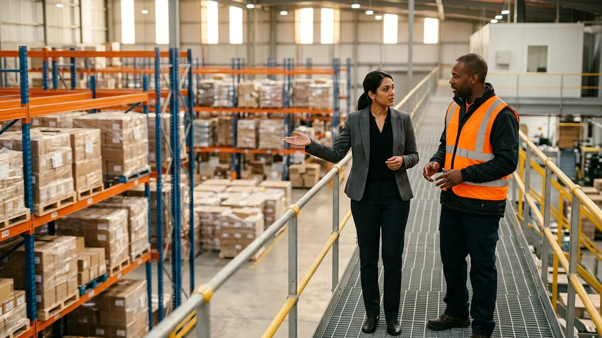 Finance manager and operations lead reviewing a warehouse process automated in NetSuite
