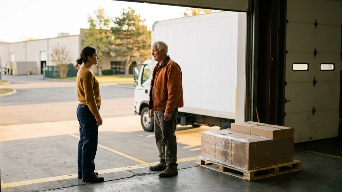 Two colleagues talking at an open loading dock beside a box truck, the 3PL handoff a NetSuite integration consultant keeps in sync