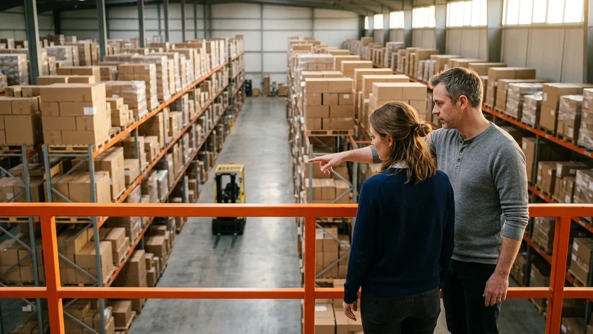 Operations lead pointing down a pallet racking aisle from a warehouse mezzanine while a NetSuite consultant scopes a WMS rollout