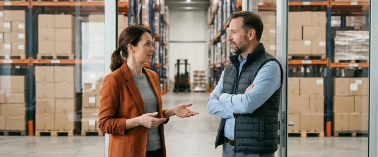 NetSuite consultant in an orange blazer talking with a warehouse operations manager at a distribution center office doorway