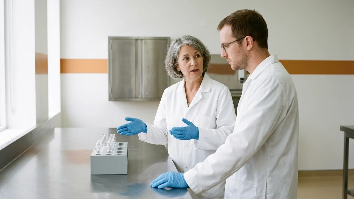 Two quality staff in lab coats at a steel bench in a regulated manufacturer where NetSuite changes follow validation and change control