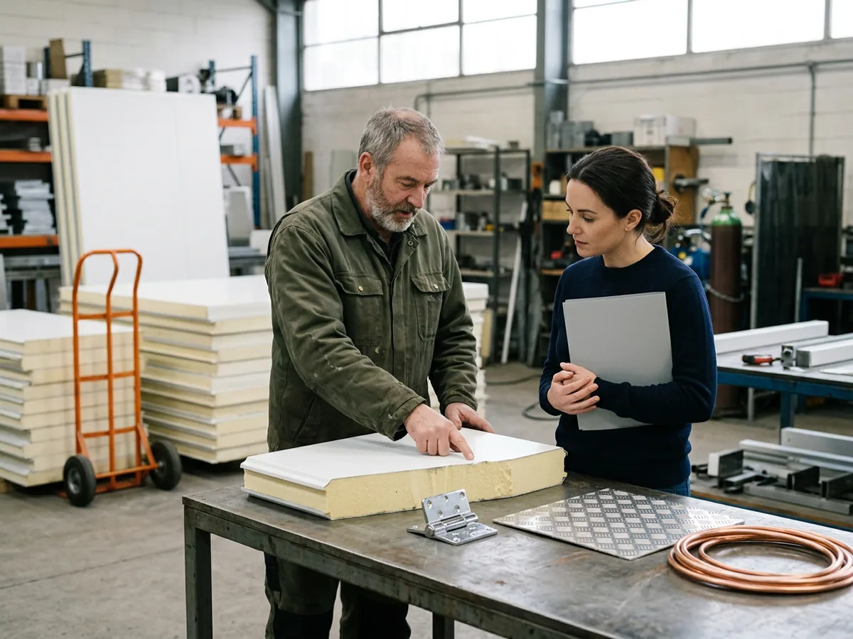 Sales engineer pointing at the foam core of an insulated walk-in cooler panel while a NetSuite CPQ consultant listens beside a workbench of product options