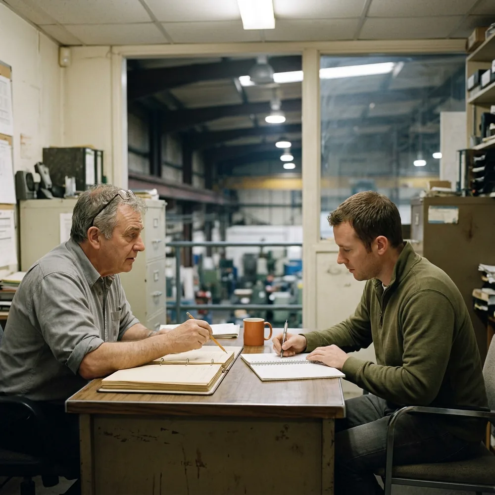 Senior sales engineer tapping a pencil on a thick pricing binder while a contract NetSuite CPQ configurator takes notes across the desk