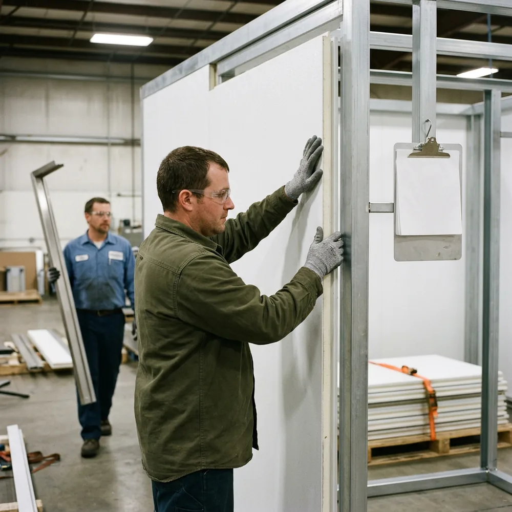 Assembler fitting an insulated wall panel into the frame of a configured walk-in cooler on a fabrication floor