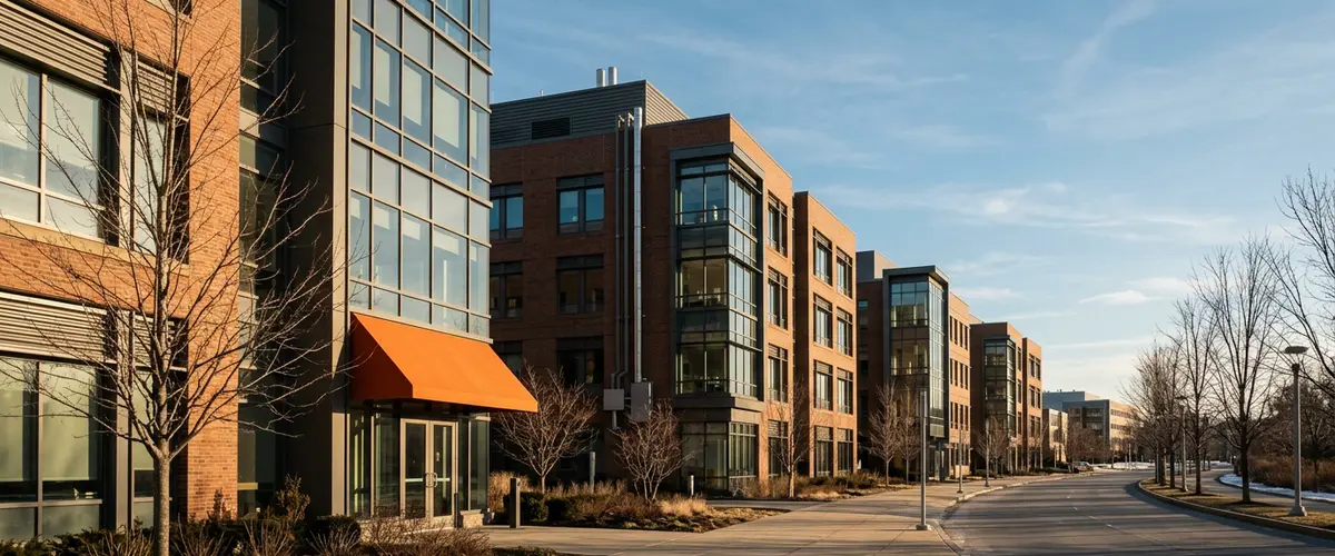 Low winter light across a Greater Boston research and manufacturing corridor of brick and glass buildings