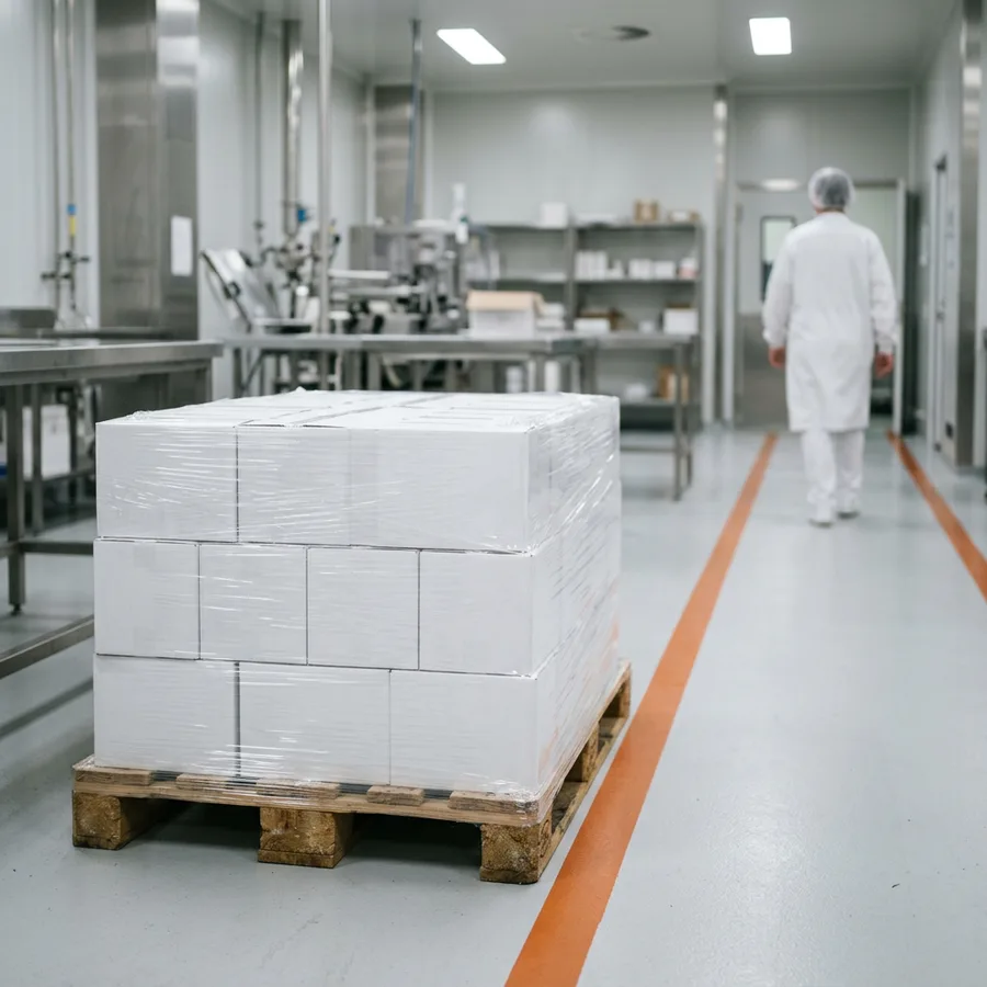 Lot-labeled cartons on a pallet in a Massachusetts commercial manufacturing area with an operator checking a scanner