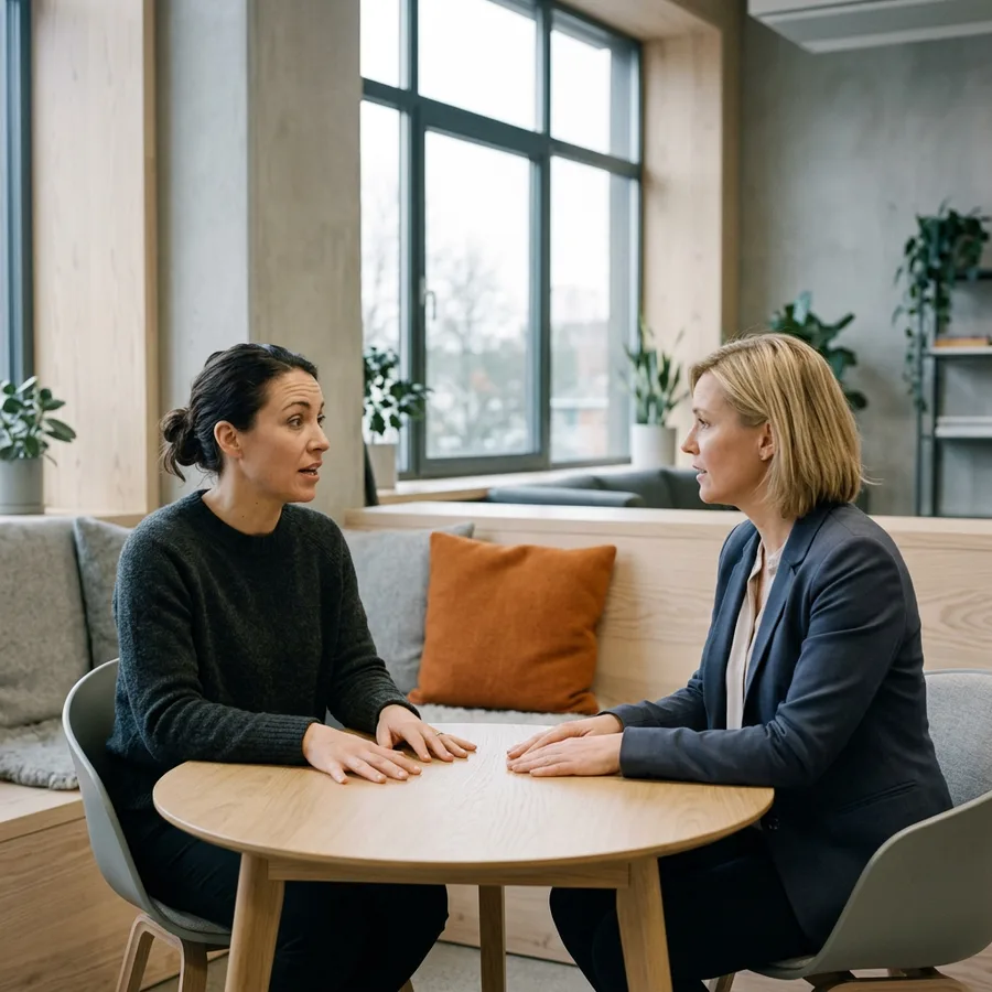 Two KORE1 recruiters reviewing printed candidate notes across a table in a Boston office with cold morning light