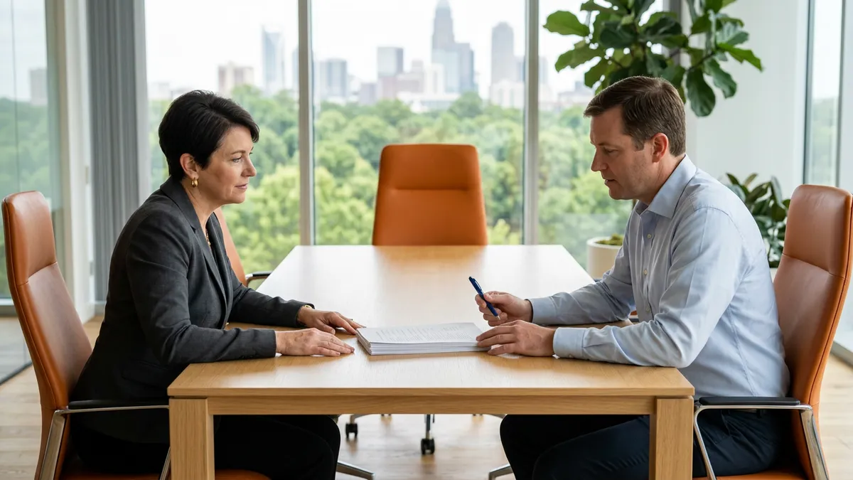 Two finance leaders reviewing printed NetSuite tax reports at a conference table in a bright Charlotte office