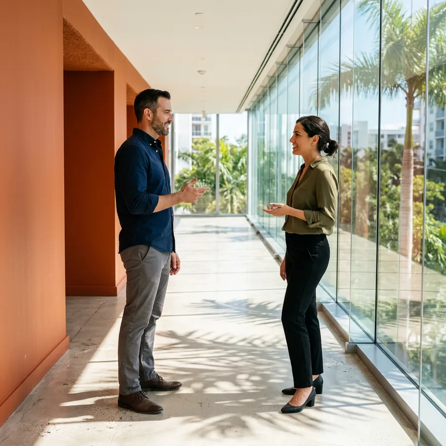 Two colleagues talking in a sunlit Miami office corridor with an orange accent wall and palm shadows