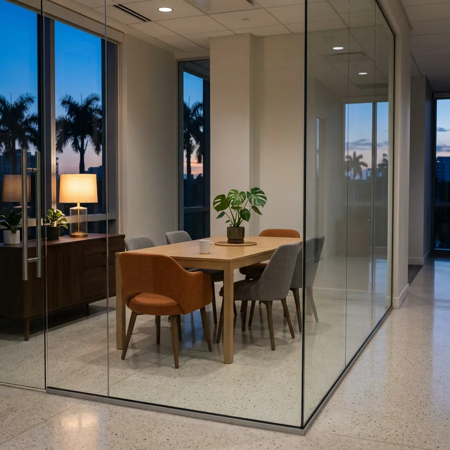 Empty glass-walled meeting room in a Miami finance office at dusk with palms visible through the windows