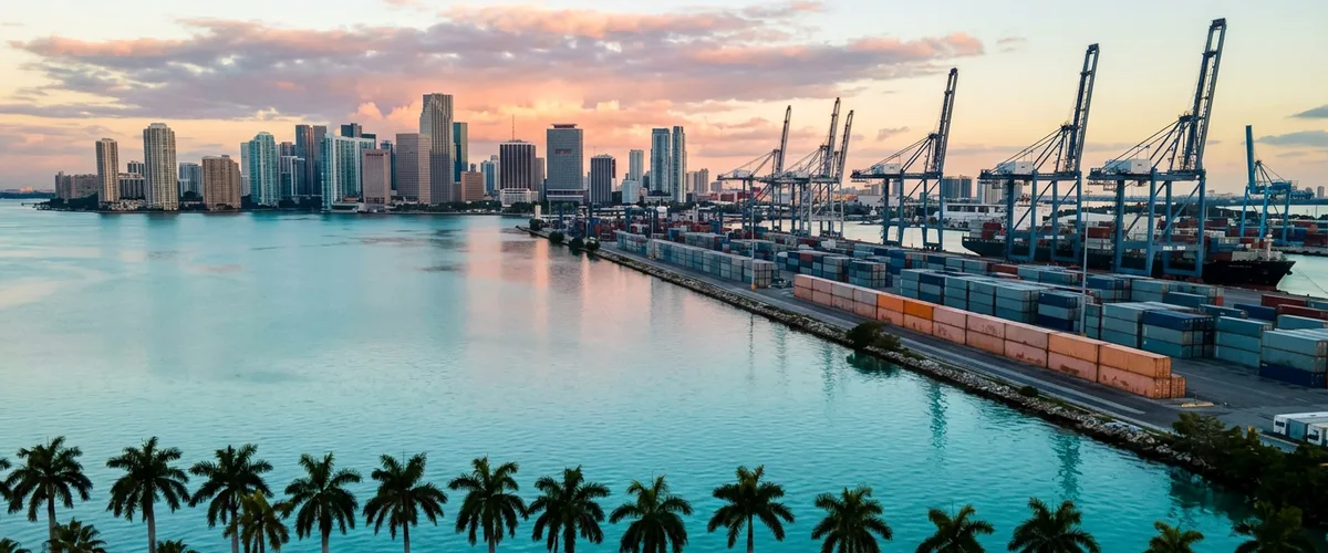Sunrise over Biscayne Bay with the PortMiami container terminal and the downtown Miami skyline