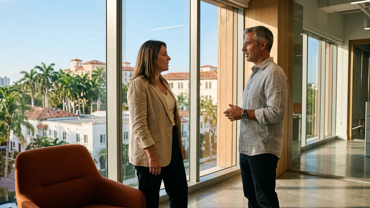 Two finance leaders in conversation beside a window overlooking Coral Gables rooftops and palms in Miami