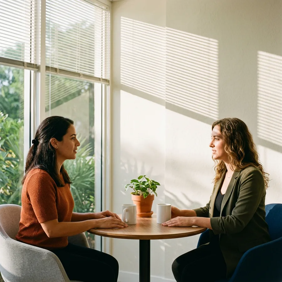 Two KORE1 recruiters seated across a small table in a sunlit Miami office discussing candidates