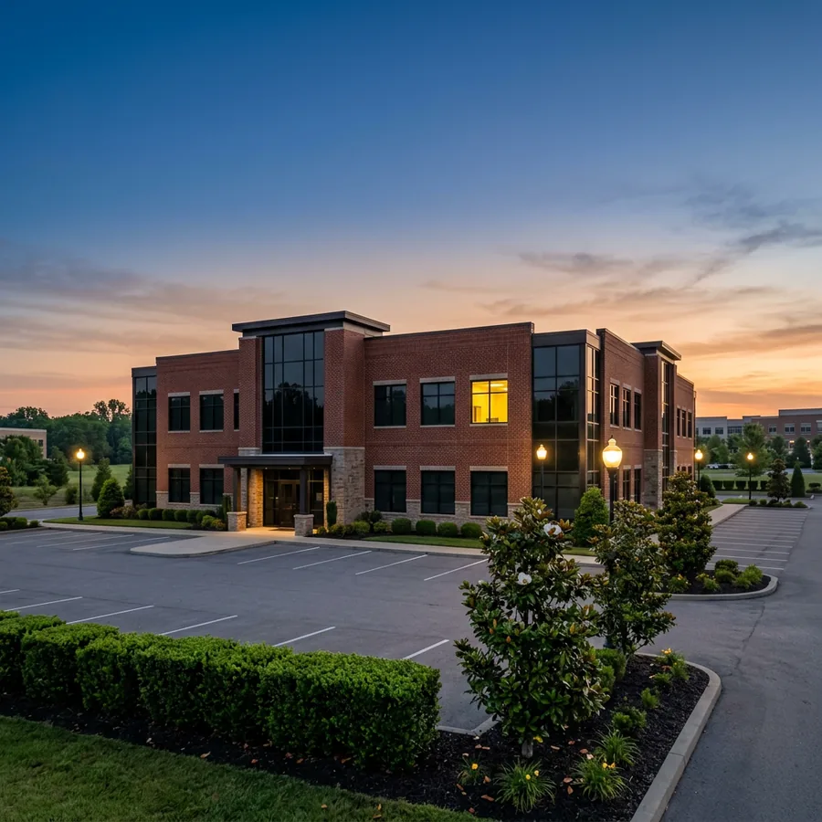 Brick and glass medical office building in a Franklin, Tennessee office park at dawn with a single lit upstairs window