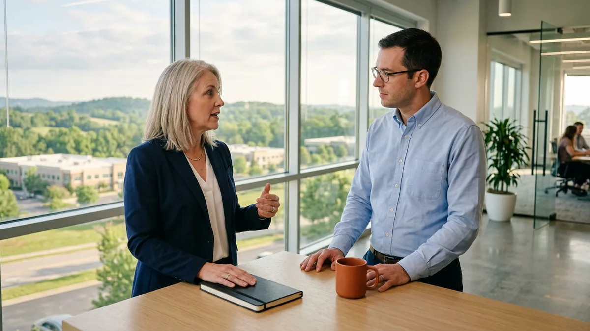 Departing NetSuite administrator walking her replacement through a closed notebook at a standing table in a Nashville office overlooking green Middle Tennessee hills