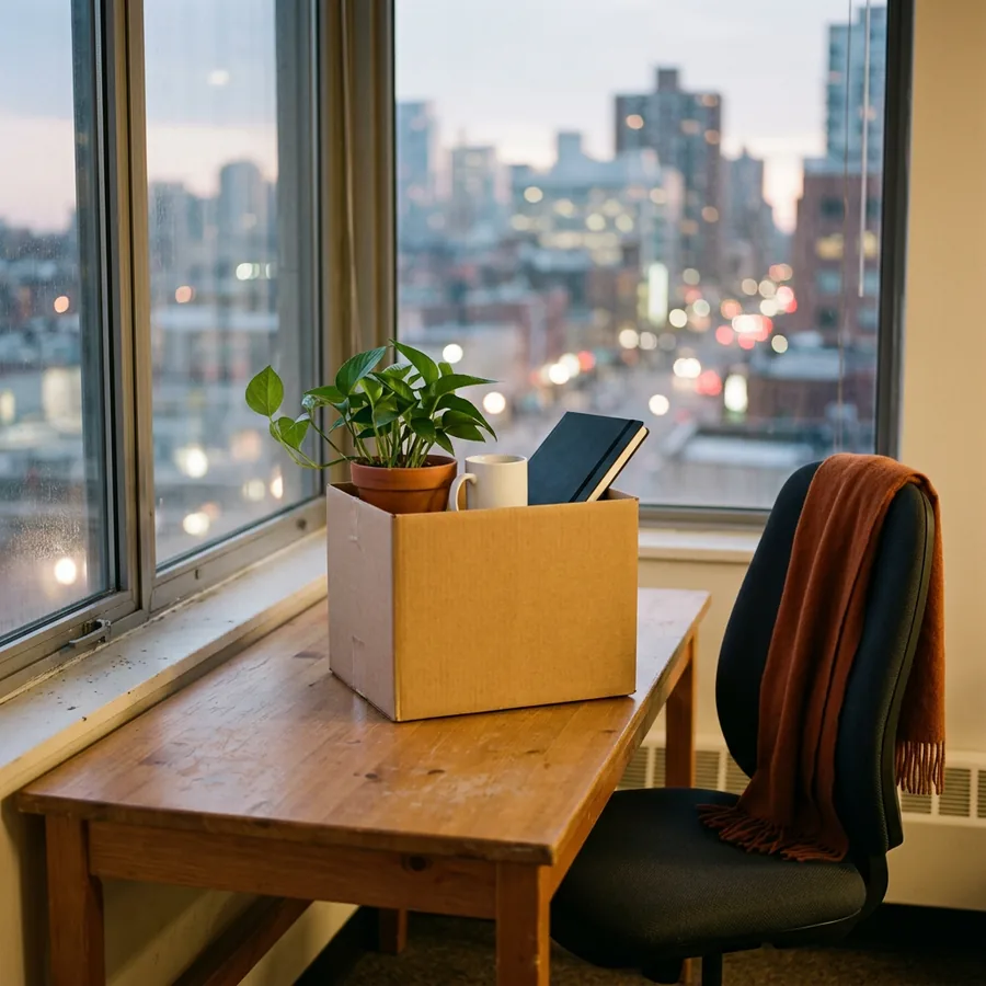 Cardboard box holding a potted plant, a coffee mug and a closed notebook on an emptied office desk at dusk on a NetSuite administrator's last day