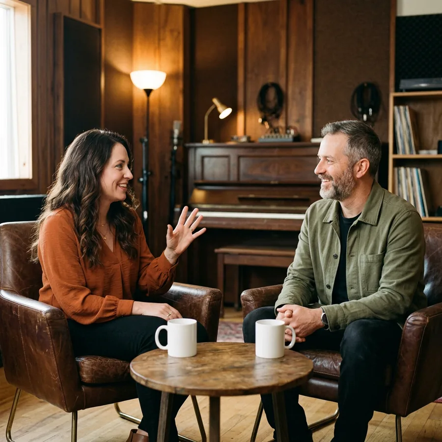 KORE1 recruiter and a NetSuite developer candidate talking over coffee in a recording studio lounge with acoustic panels and an upright piano in Nashville
