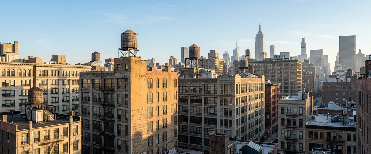 Morning light on Midtown Manhattan loft buildings and water towers across the Garment District skyline