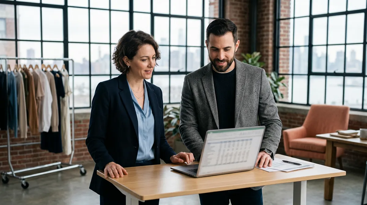 Finance manager and operations lead reviewing a returns report on a laptop in a Manhattan apparel brand office