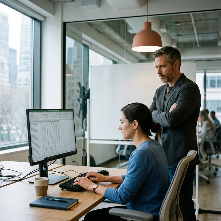 Two integration developers reviewing an order sync design on a monitor in a New York technology office