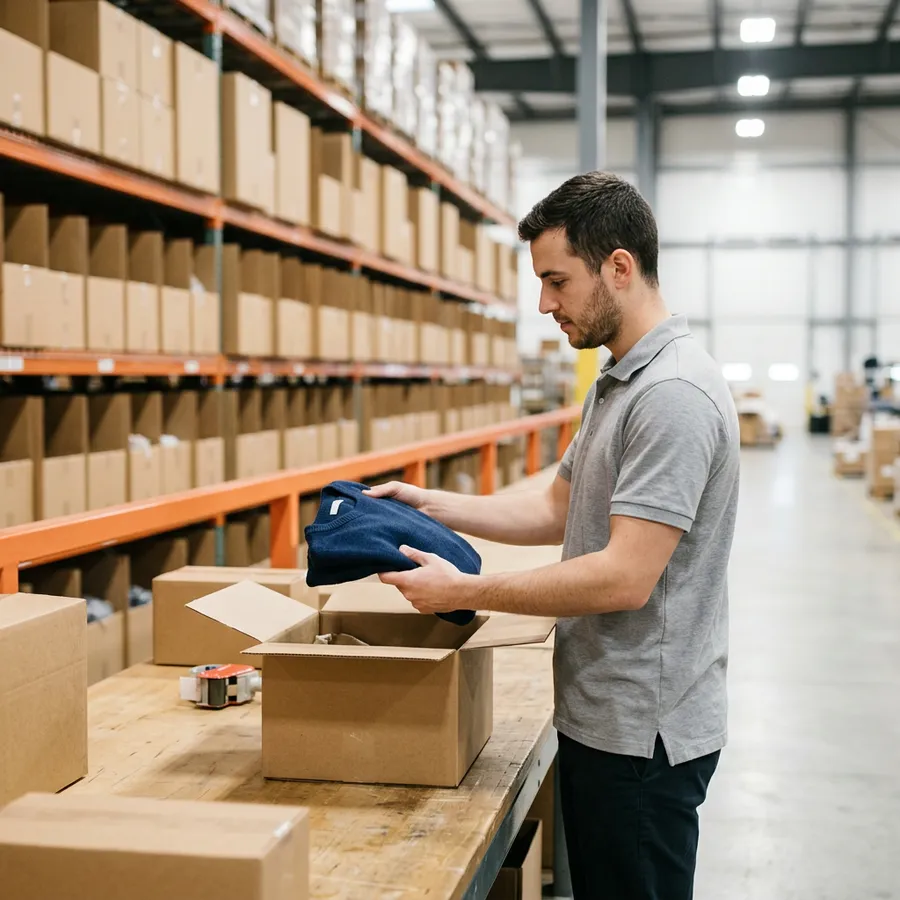 Warehouse associate inspecting returned apparel cartons on a receiving bench at a New York area fulfillment center
