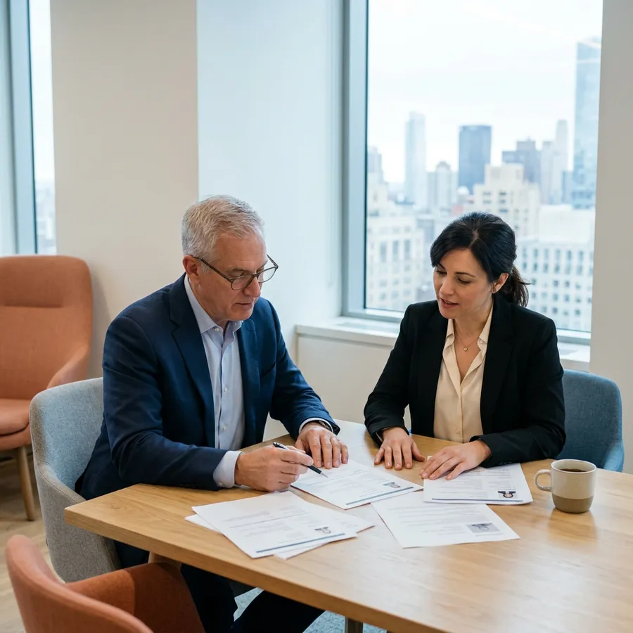 Two KORE1 recruiters comparing candidate notes across a table in a New York office with morning light