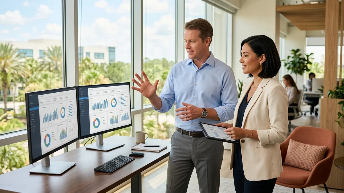 Two NetSuite finance leaders reviewing dashboards in a bright Orlando office with an orange accent chair