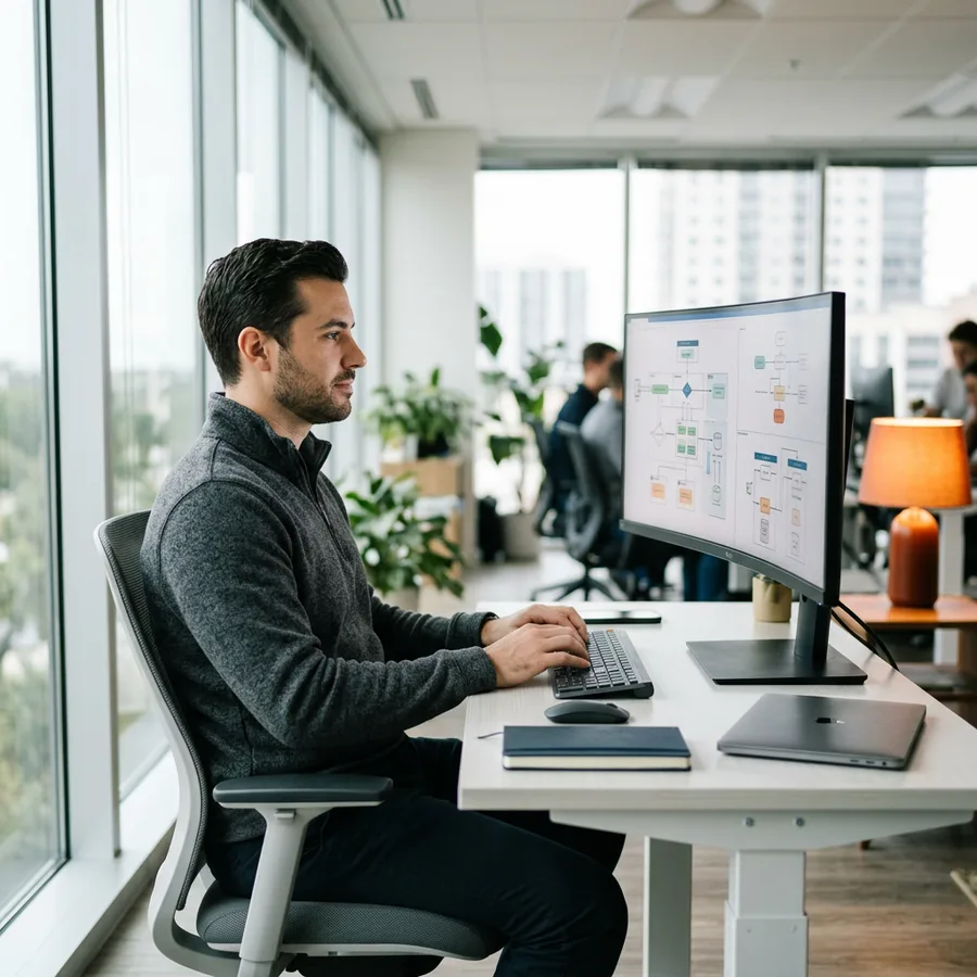NetSuite developer reviewing integration architecture diagrams on a monitor in an Orlando office
