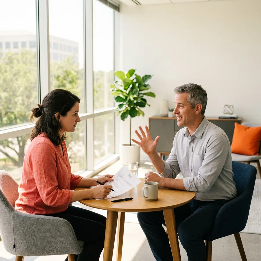 Two KORE1 recruiters at a small table in a sunlit Orlando office comparing NetSuite candidate profiles