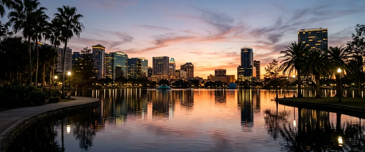 Downtown Orlando skyline at dusk with Lake Eola in the foreground