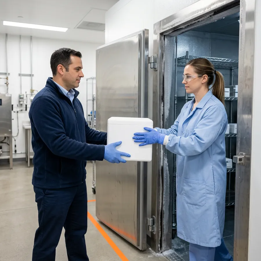Cell therapy lab technician handing a plain white insulated shipper to a supply coordinator at a cold room door in a Philadelphia biotech