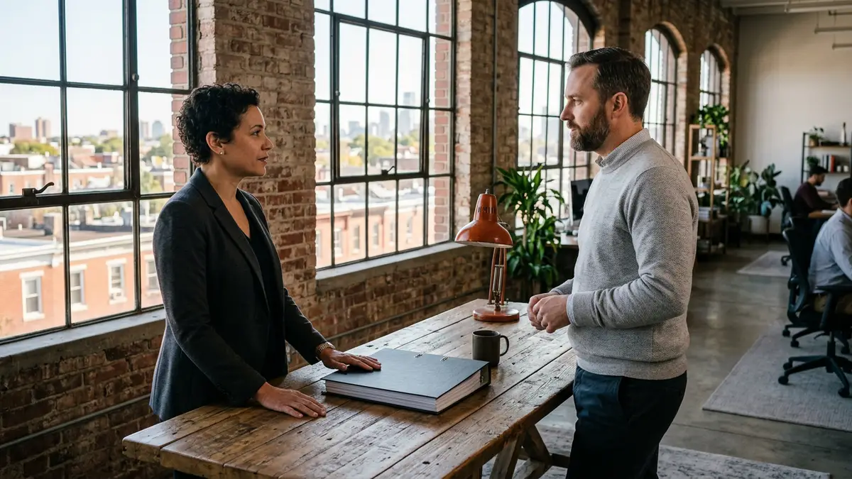 Quality director and controller reviewing a thick closed binder at a tall worktable in a converted brick loft office above Philadelphia rowhouse rooftops