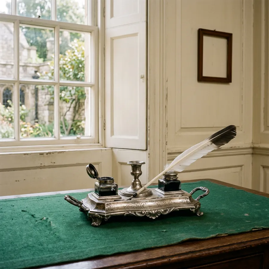 Silver colonial inkstand and quill pen on a green baize table beside a tall window in a Philadelphia historic room