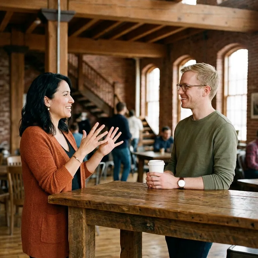 KORE1 recruiter talking with a NetSuite developer candidate at a high-top counter in a converted brick textile mill in Philadelphia