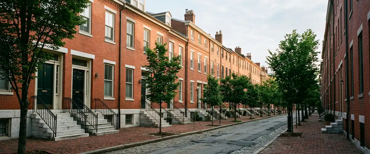 Row of red brick Philadelphia rowhouses with white marble front steps and black iron railings on a tree-lined street in morning light